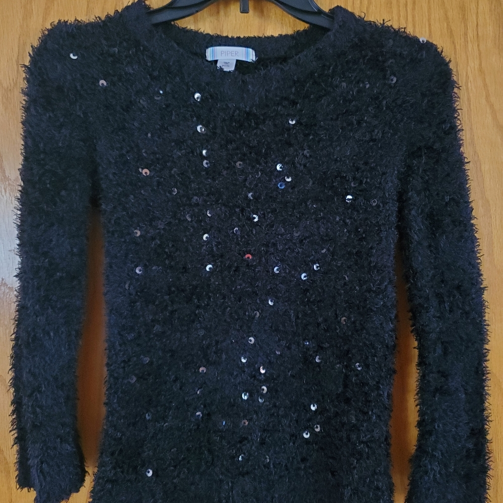 Girls M 7/8 black sequin fuzzy sweater